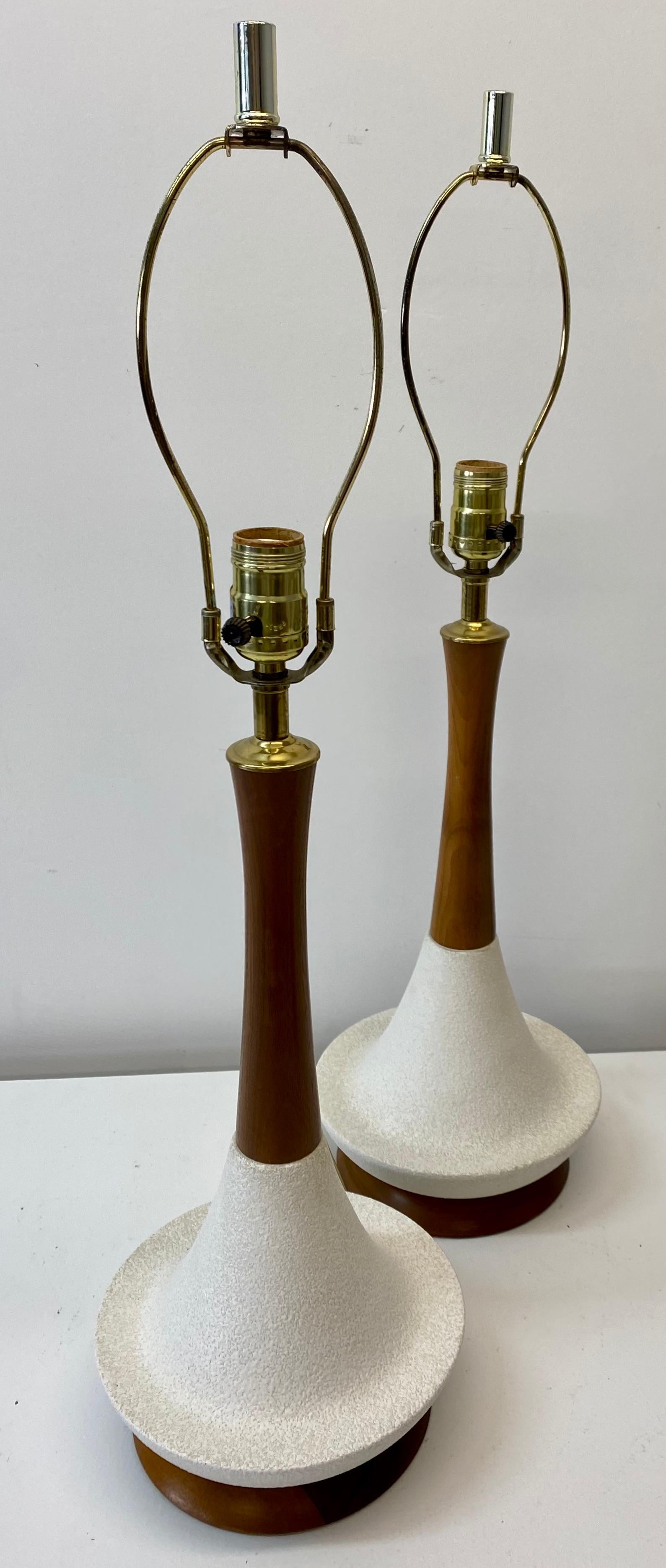 20th Century Mid-Century Modern Textured White Ceramic and Walnut Table Lamps, circa 1950s