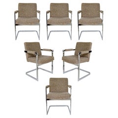 Mid Century Modern Thayer Coggin Set of 6 Flat Bar Chrome Dining Chairs 1970s