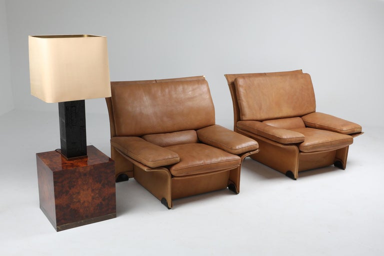 MidCentury Modern Thick Camel Leather Club Chairs by Brunati, Italy
