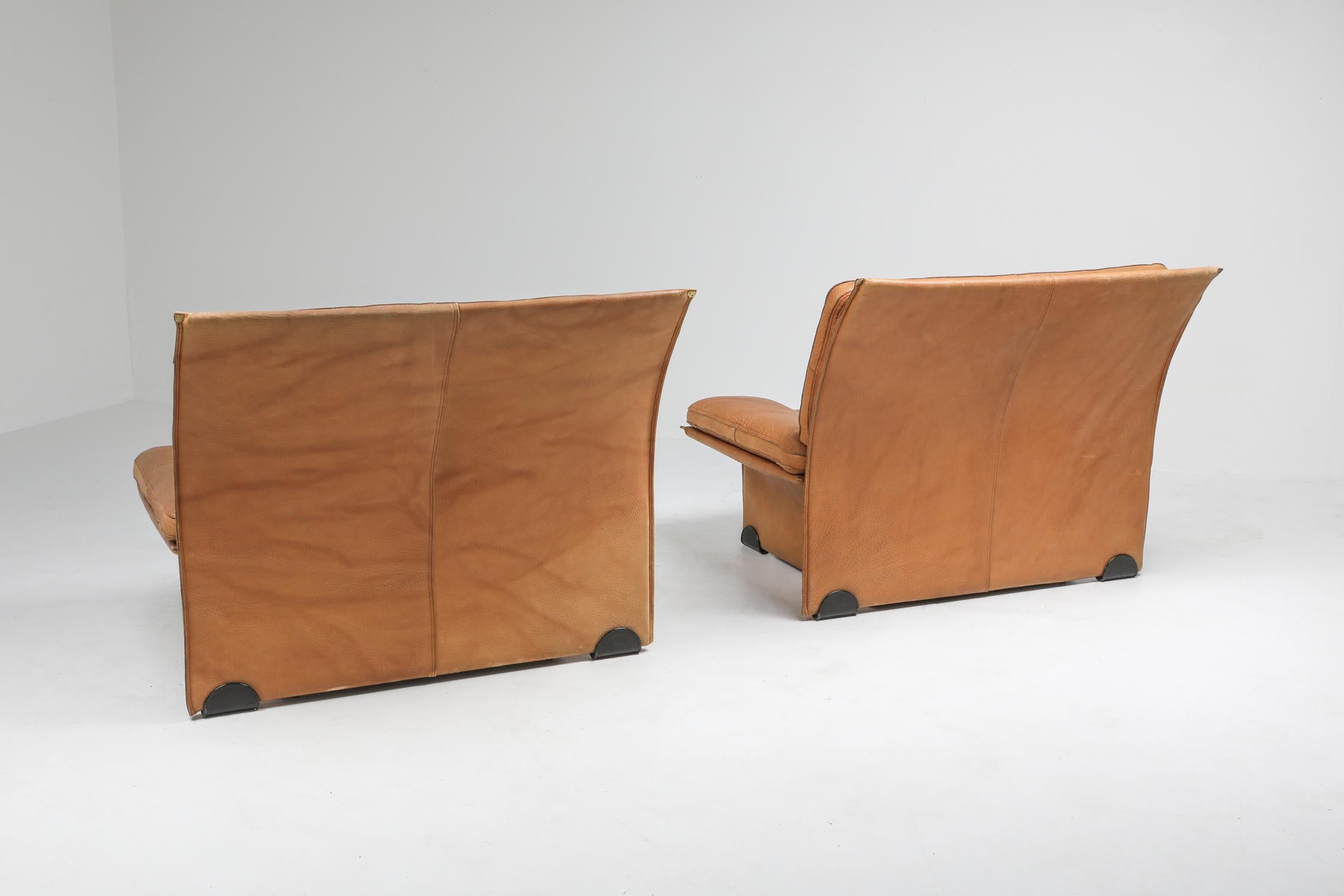 European Mid-Century Modern Thick Camel Leather Club Chairs by Brunati, Italy