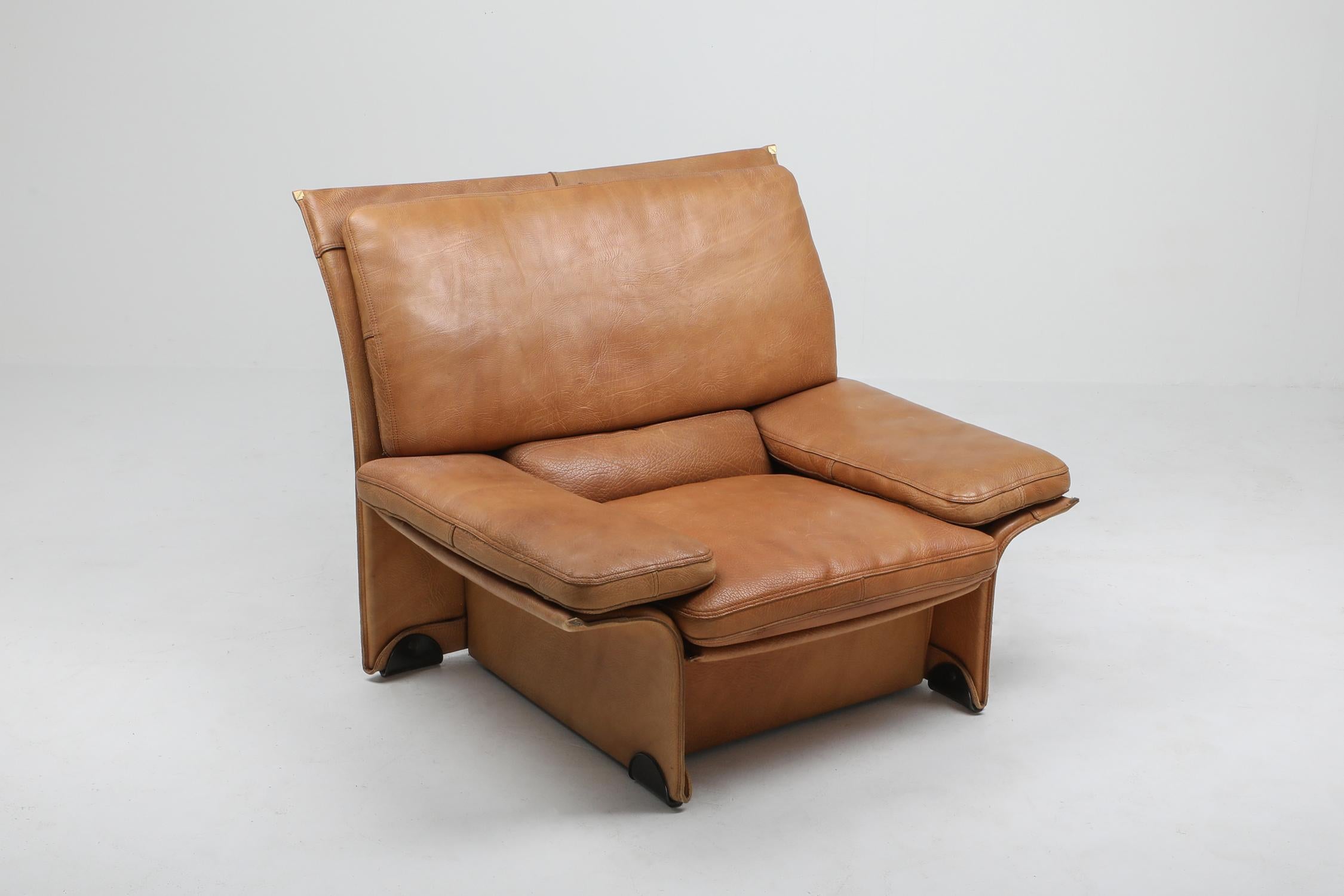 Mid-Century Modern Thick Camel Leather Club Chairs by Brunati, Italy 1