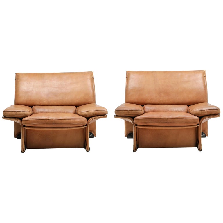 MidCentury Modern Thick Camel Leather Club Chairs by Brunati, Italy