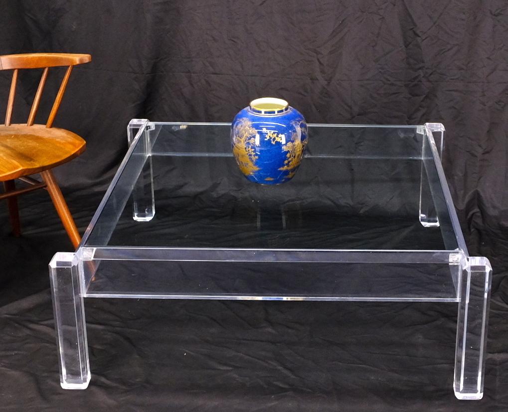 Mid Century Modern Thick Polished Lucite Base Glass Top Square Coffee Table For Sale 2