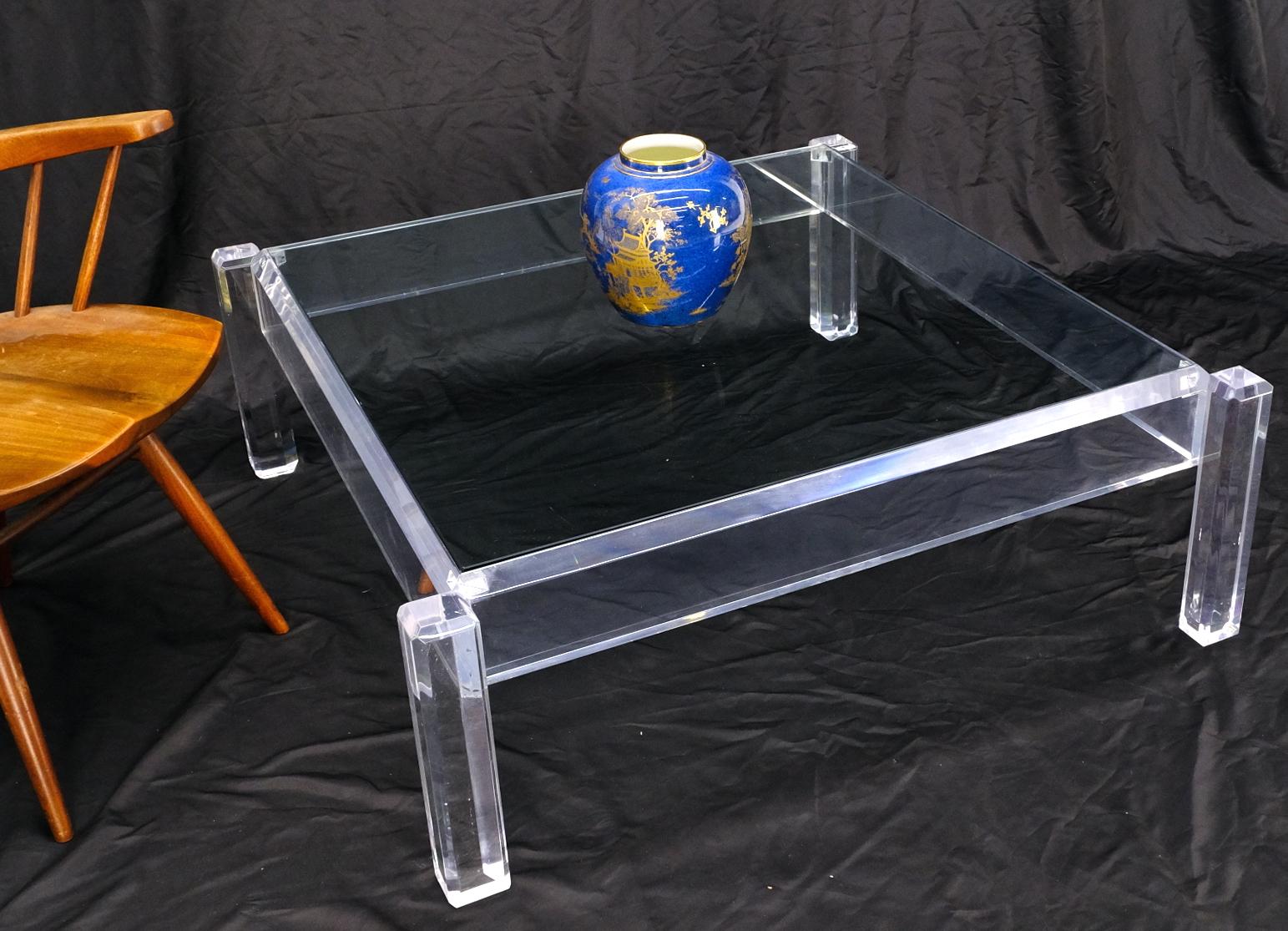 Mid Century Modern Thick Polished Lucite Base Glass Top Square Coffee Table For Sale 3