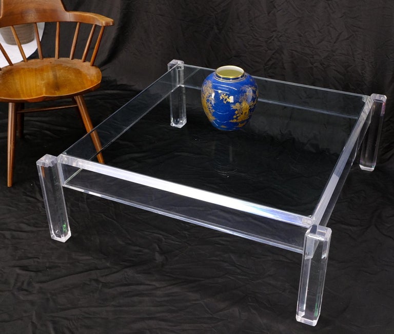 Mid Century Modern Thick Polished Lucite Base Glass Top Square Coffee