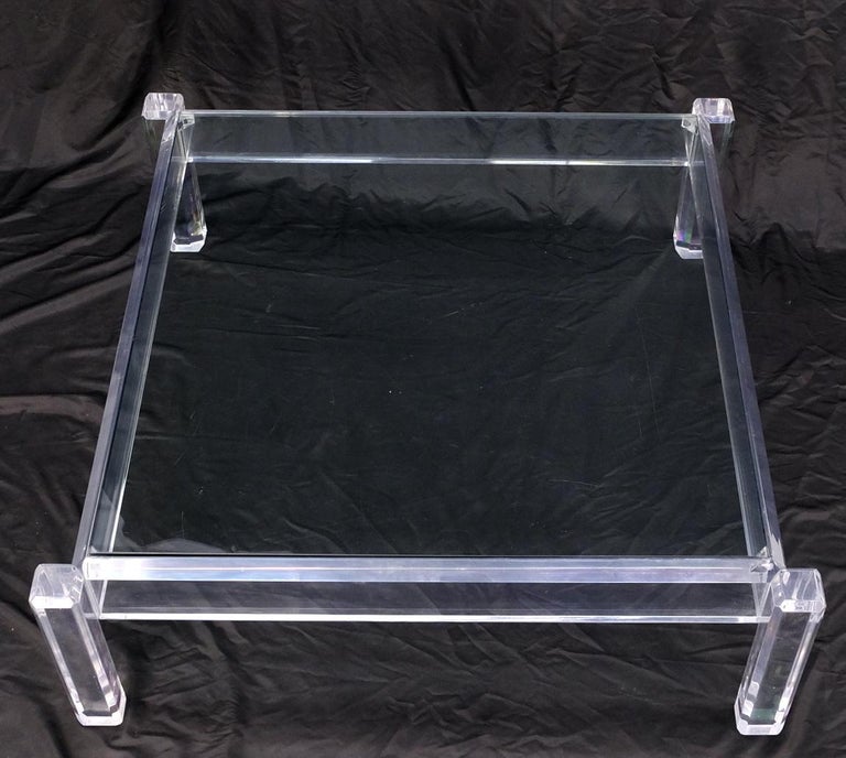 Mid Century Modern Thick Polished Lucite Base Glass Top Square Coffee