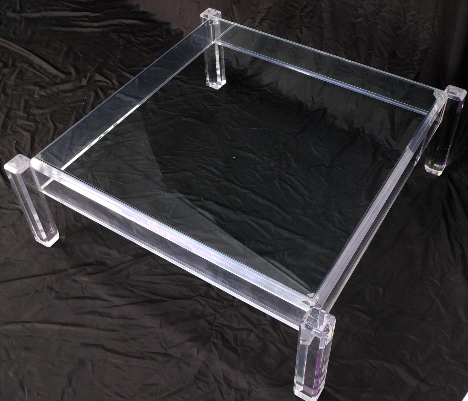 American Mid Century Modern Thick Polished Lucite Base Glass Top Square Coffee Table For Sale