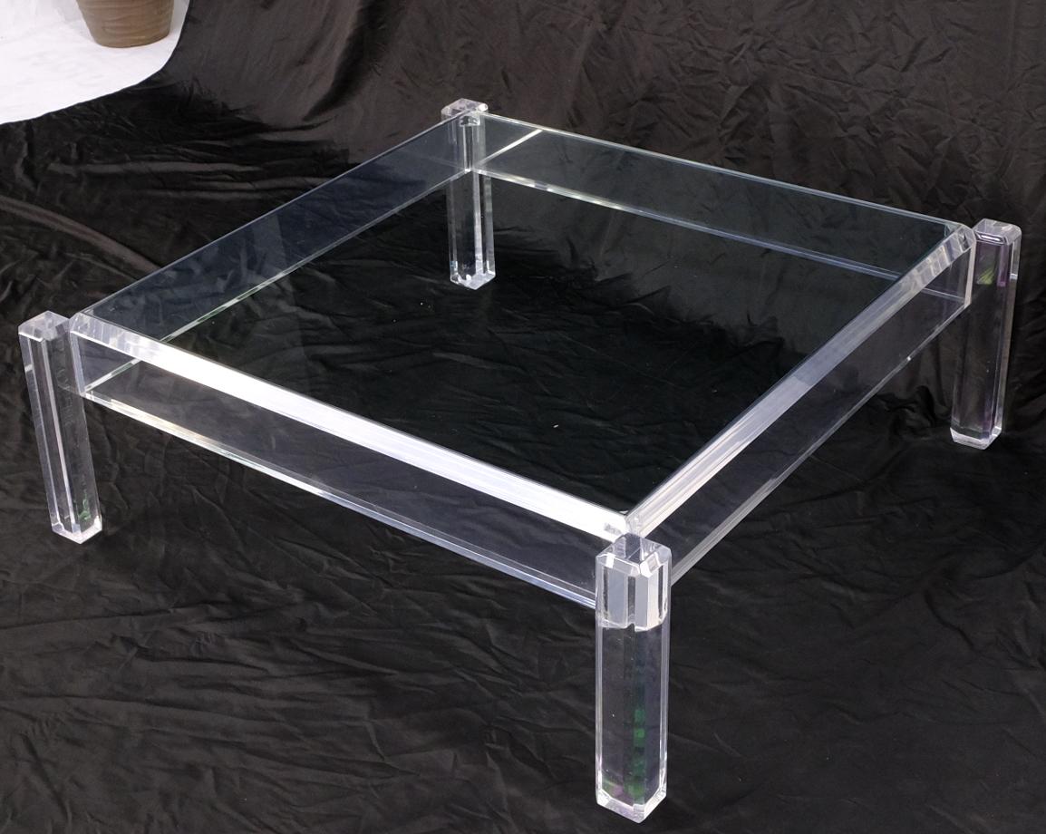 Mid Century Modern Thick Polished Lucite Base Glass Top Square Coffee Table In Good Condition For Sale In Rockaway, NJ