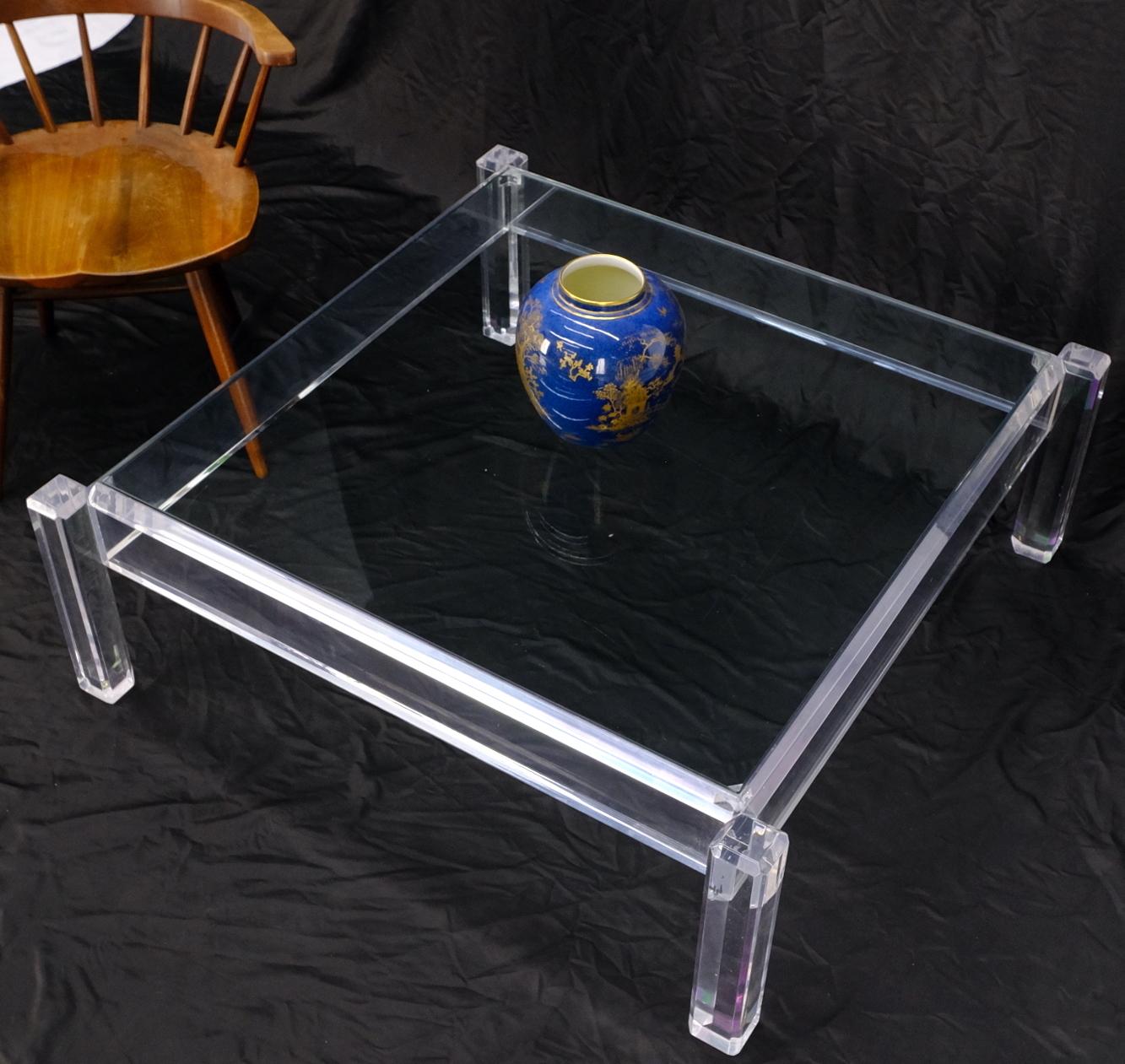 20th Century Mid Century Modern Thick Polished Lucite Base Glass Top Square Coffee Table For Sale