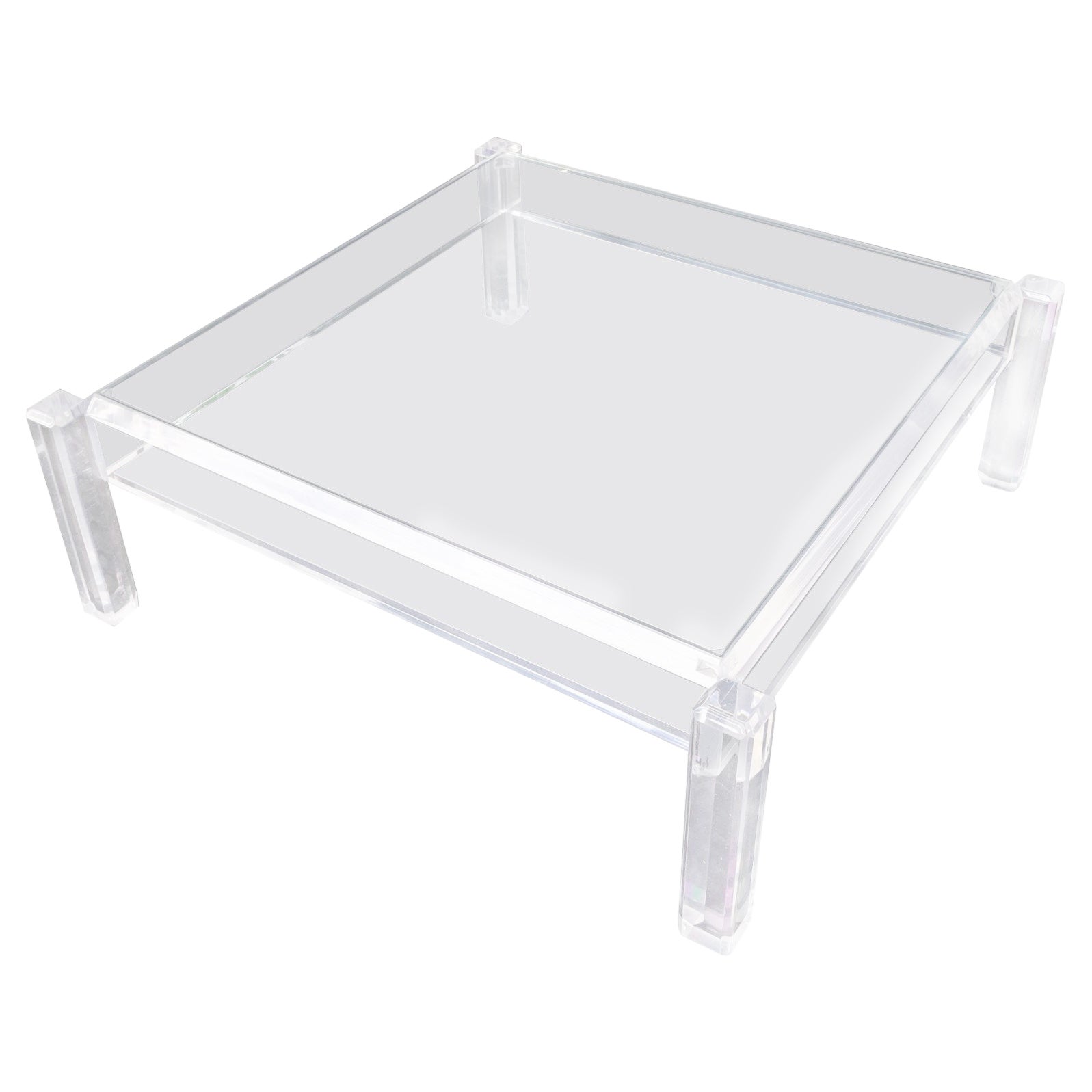 Tavolino da caffè quadrato con base in lucite lucida e spessa del Mid Century Modern con piano in vetro