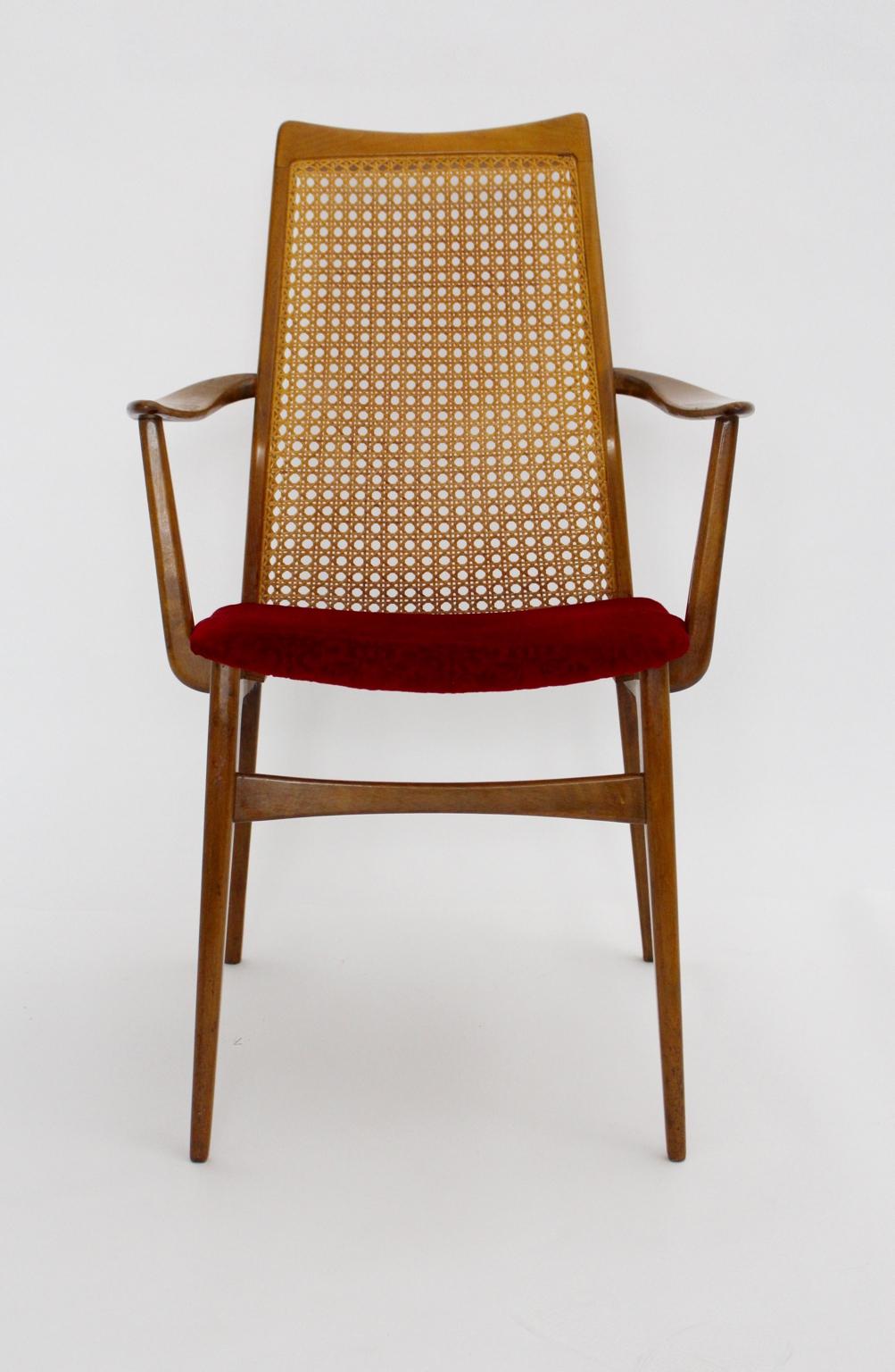 Austrian Mid-Century Modern Thonet Beechwood Woven Cane Vintage Armchair, 1950s For Sale