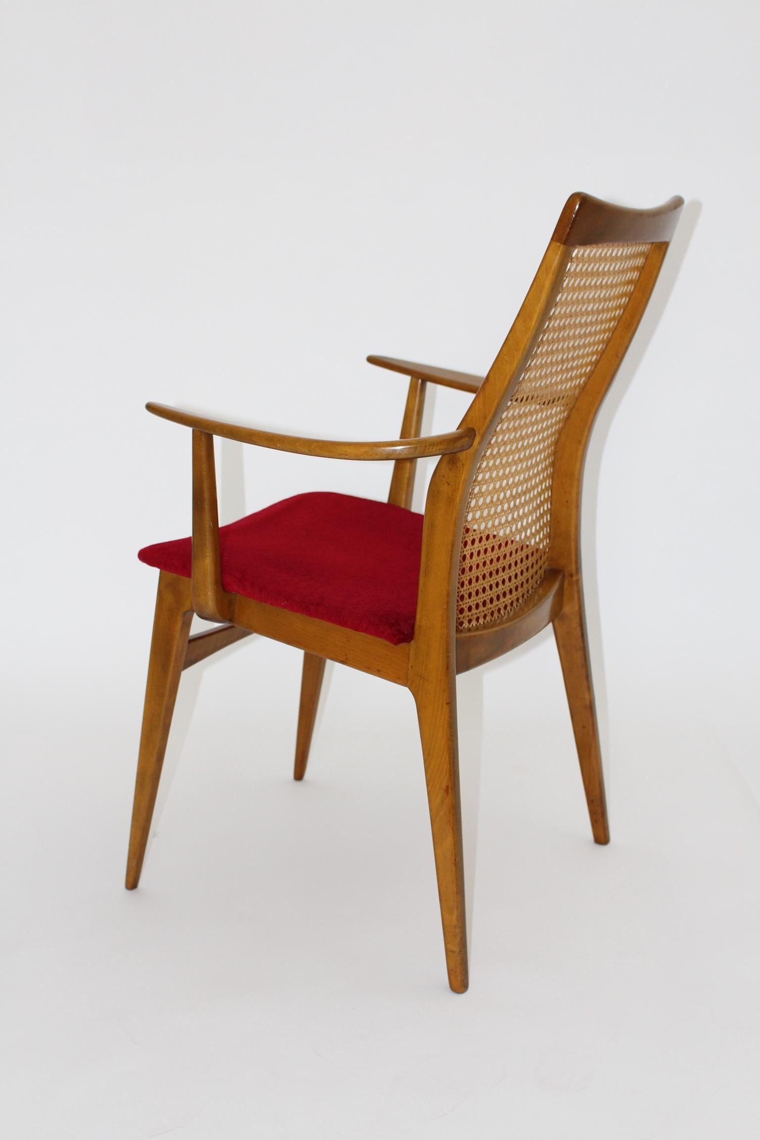 Mid-Century Modern Thonet Beechwood Woven Cane Vintage Armchair, 1950s In Good Condition For Sale In Vienna, AT