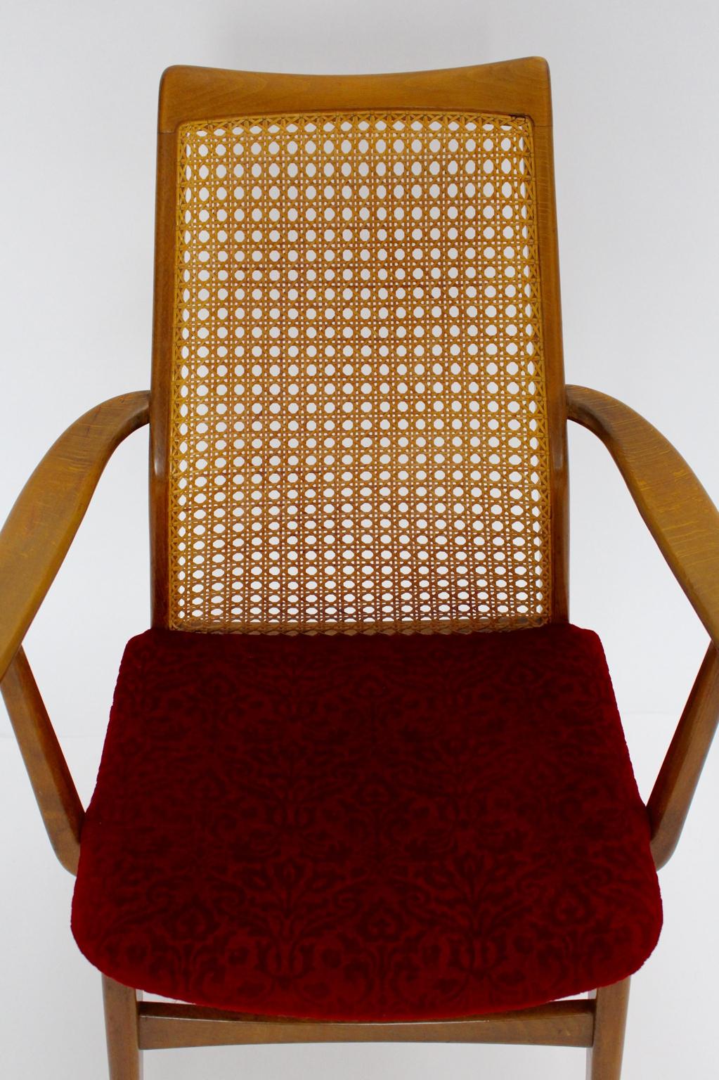 Fabric Mid-Century Modern Thonet Beechwood Woven Cane Vintage Armchair, 1950s For Sale