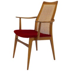 Mid-Century Modern Thonet Beechwood Woven Cane Vintage Armchair, 1950s