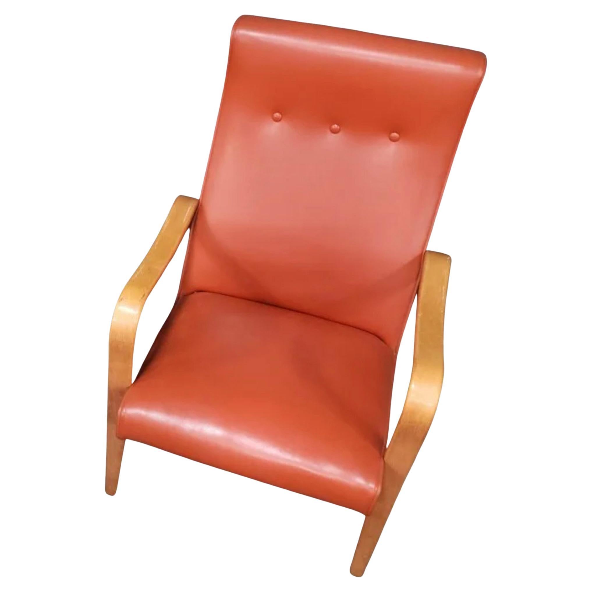 American Mid-Century Modern Thonet Bentwood Birch Lounge Armchair Reddish Orange For Sale