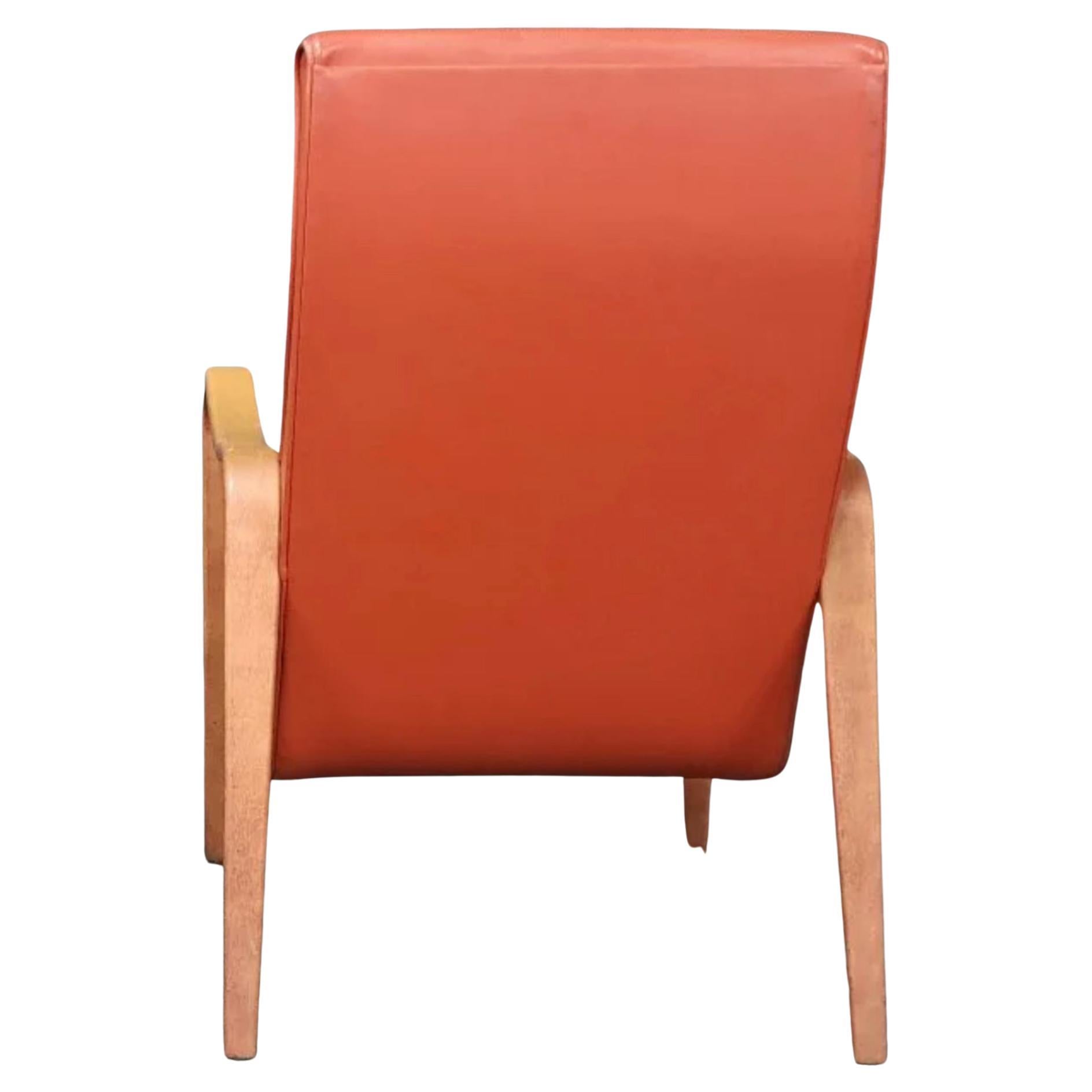 Woodwork Mid-Century Modern Thonet Bentwood Birch Lounge Armchair Reddish Orange For Sale