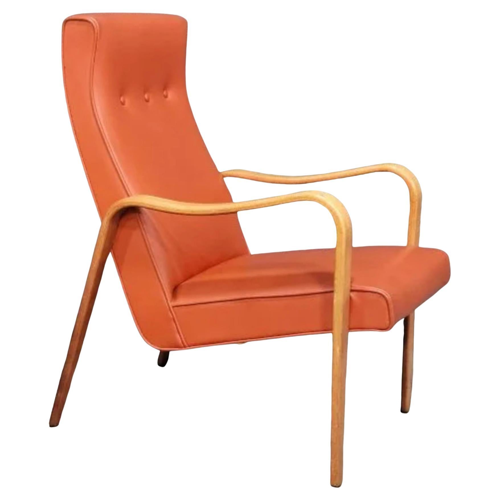 Mid Jahrhundert moderne Thonet Bugholz Birke Lounge Sessel Rötlich Orange
