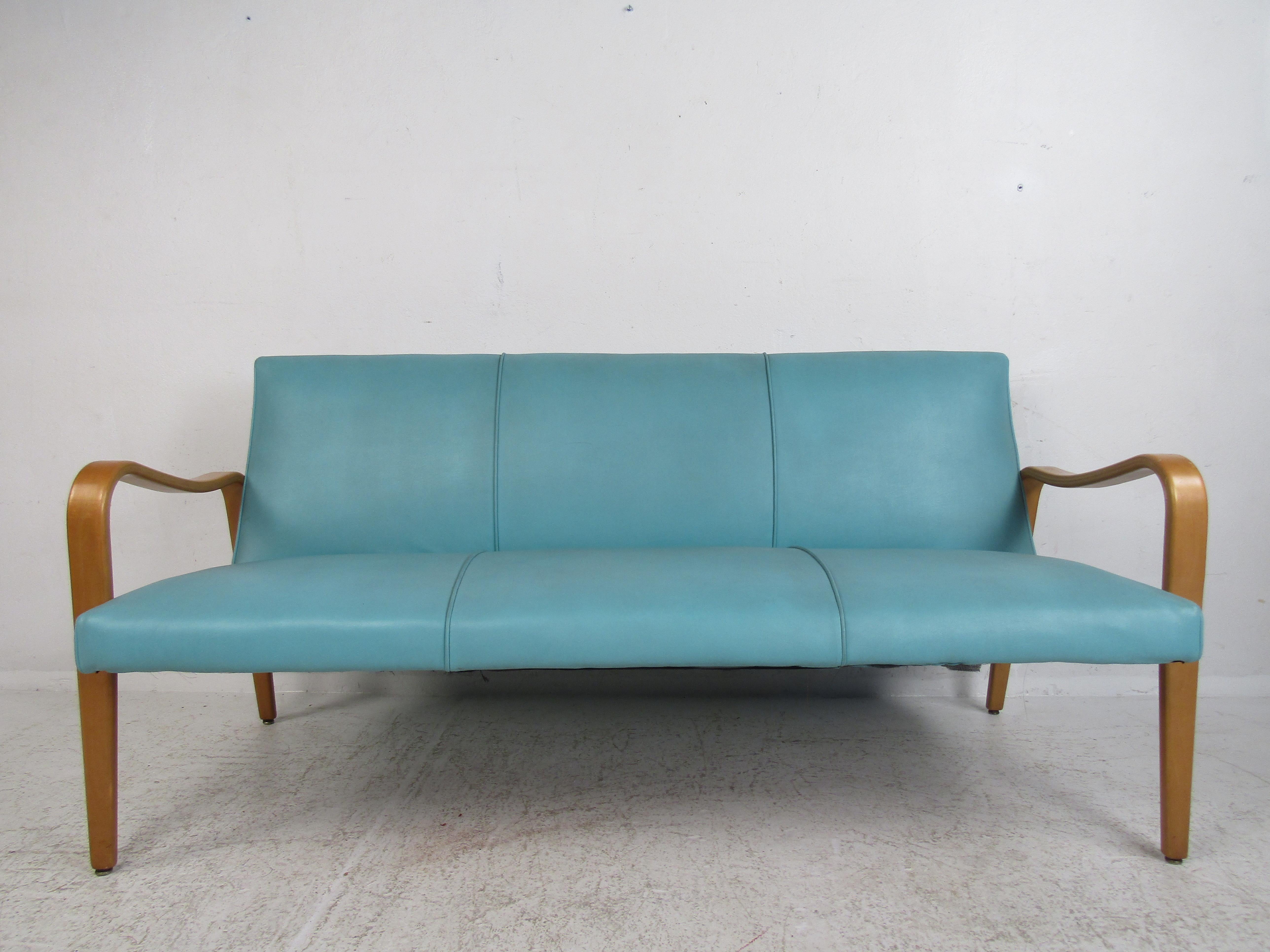 Mid-Century Modern Thonet Style Blue Sofa In Good Condition In Brooklyn, NY