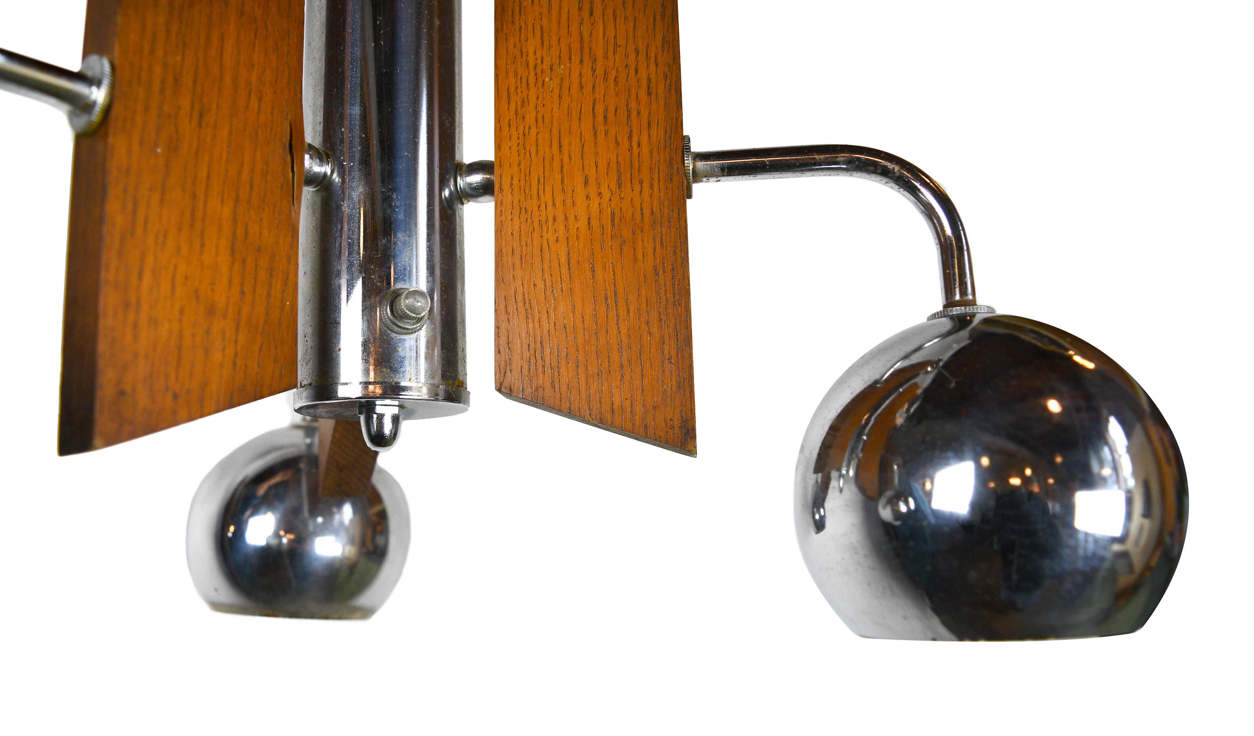 Unknown Mid-Century Modern Three-Arm Chrome and Wood Chandelier