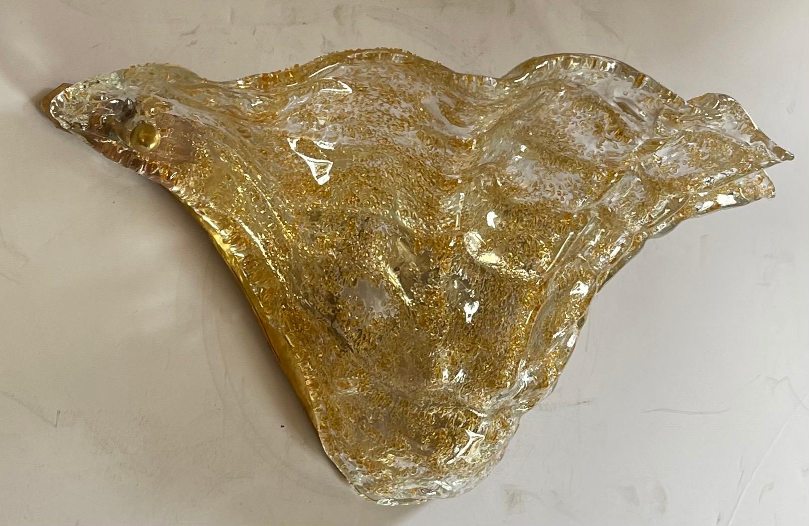 Bronze Mid-Century Modern Three Murano Gold Art Glass Shell Wall Sconce Light Fixtures For Sale