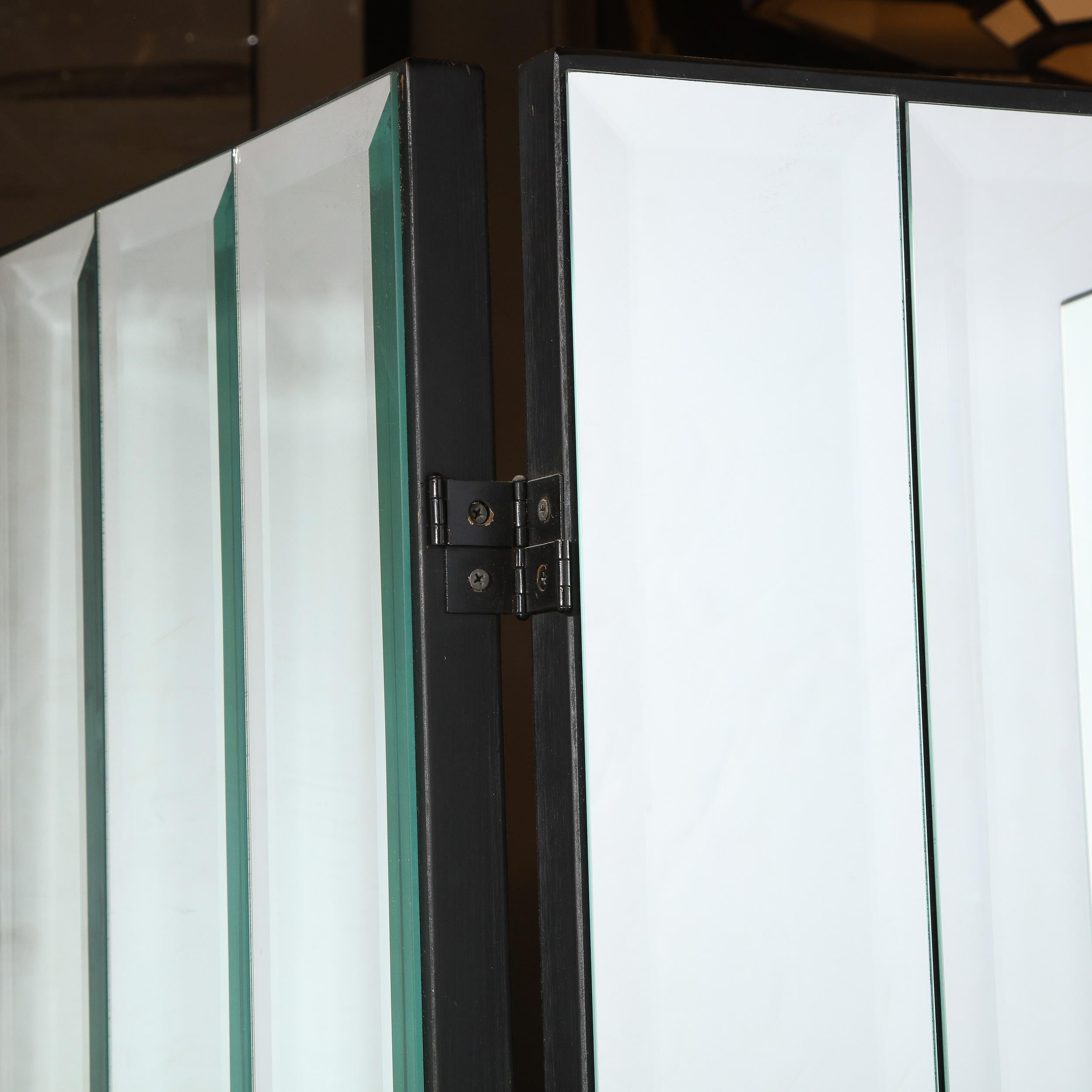 American Mid-Century Modern Three Panel Beveled Mirrored & Enamel Screen