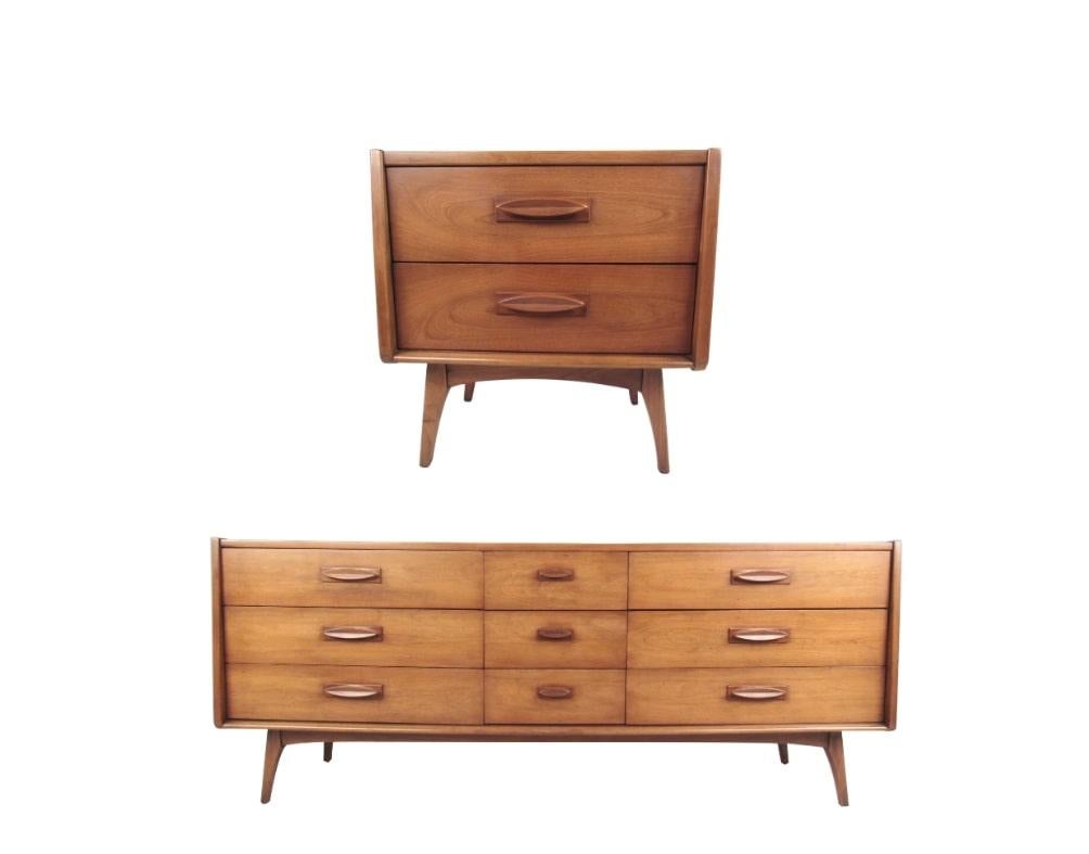 This beautiful Mid-Century Modern  set comes complete with nightstand and low dresser. Nightstand 22 W, 15.5 D, 22.25 H.