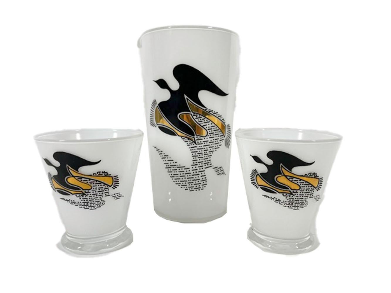 Mid-Century Modern Three-Piece Cocktail Set with Black & Gold Doves In Good Condition In Nantucket, MA