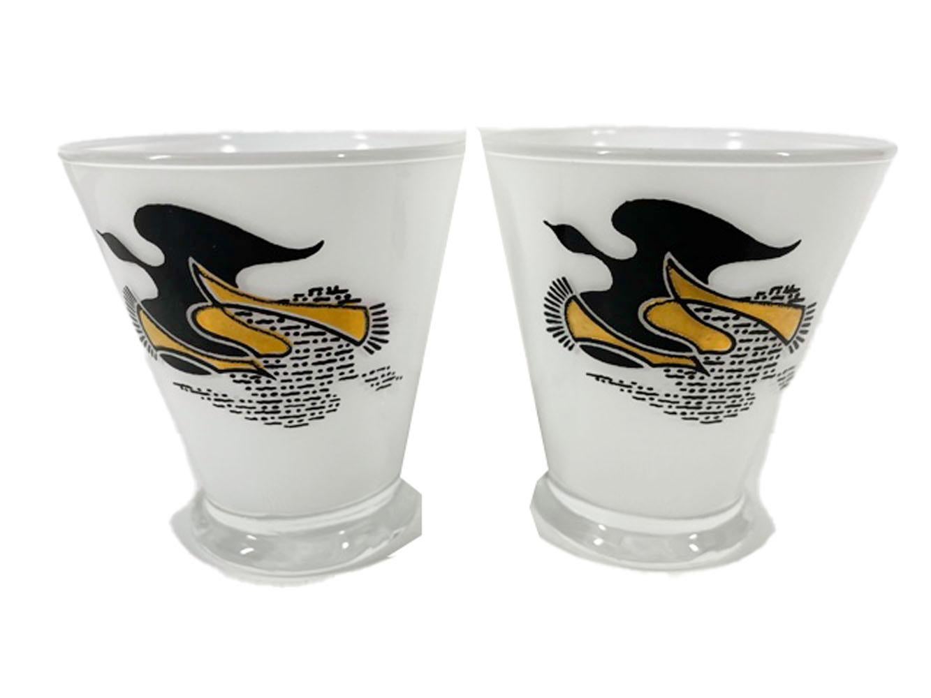 Glass Mid-Century Modern Three-Piece Cocktail Set with Black & Gold Doves