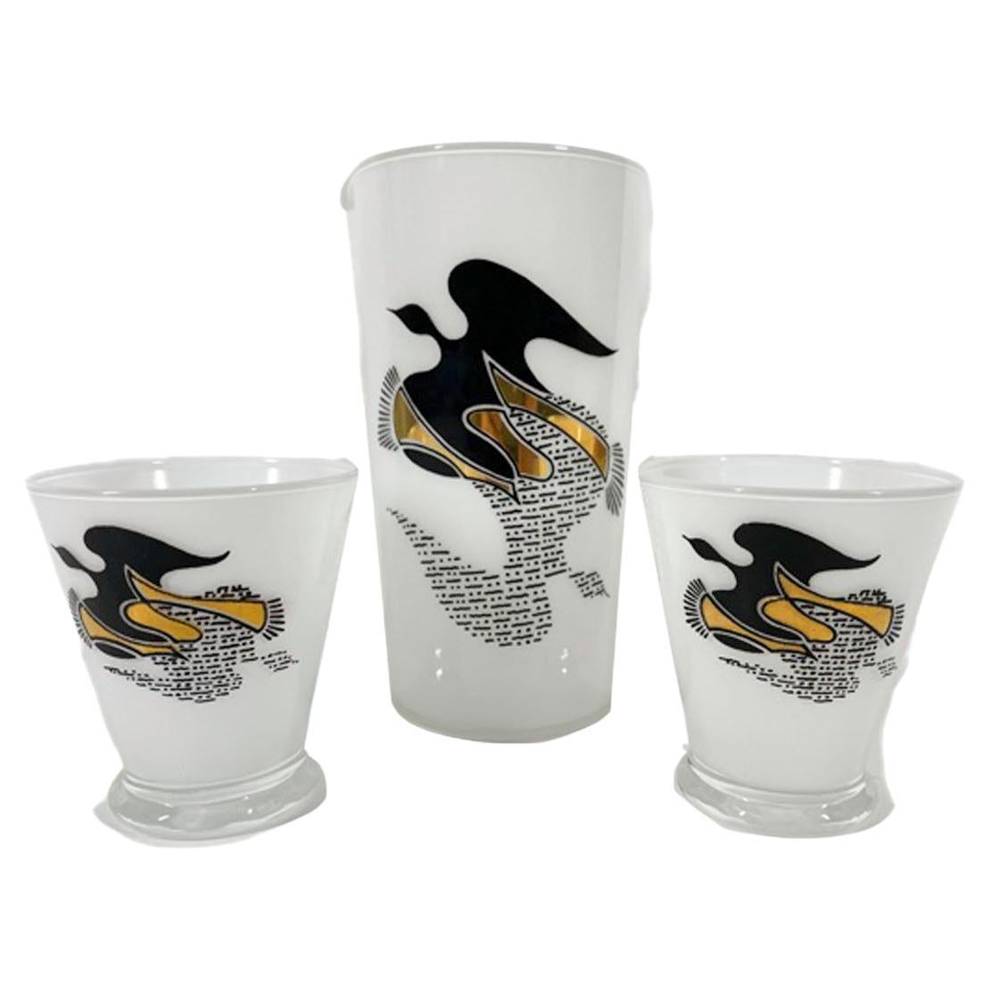 Mid-Century Modern Three-Piece Cocktail Set with Black & Gold Doves