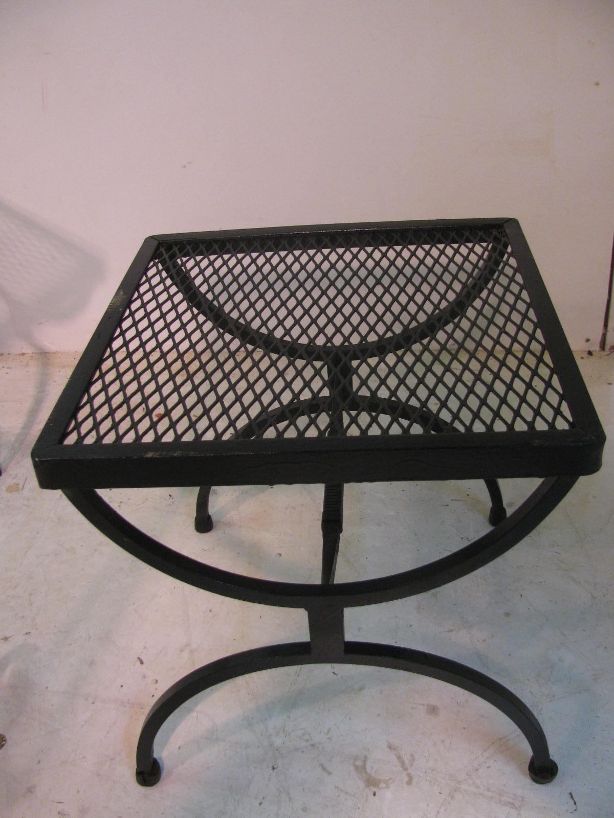 Simple three-piece set which is diminutive in size but works well with the Sculptura set that it came with. Two end tables and a cocktail table with mesh tops freshly sprayed black, its original color. Measures: End tables are 14 x 14 x 14.75 H,