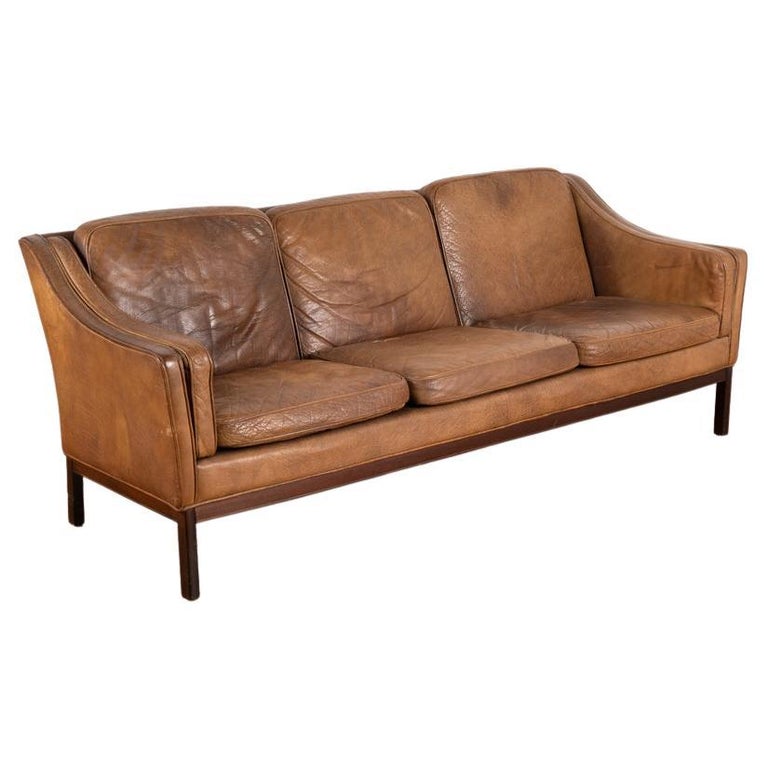 MidCentury Modern Three Seat Brown Vintage Leather Sofa For Sale at 1stDibs