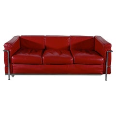 Mid-century Modern Three Seat Sofa In Red Leather, 1980s attributed Le Corbusier