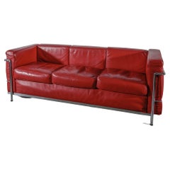 Vintage Mid-century Modern Three Seat Sofa In Red Leather, 1980s attributed Le Corbusier
