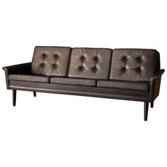 Mid Century Modern Three-Seat Sofa, Rosewood & Black Leather, 1960s