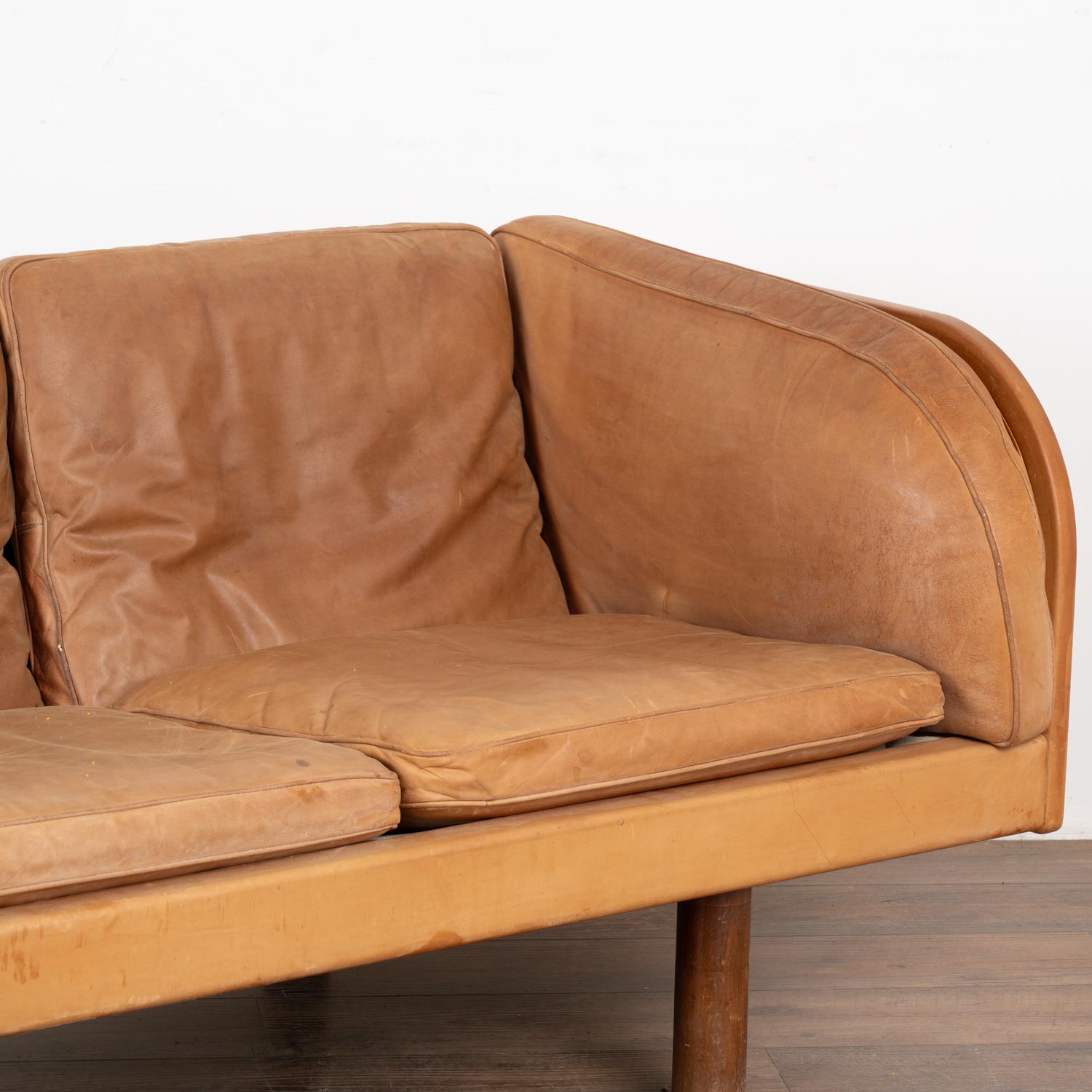 Leather Mid Century Modern Three Seat Sofa With Curved Arms, Denmark circa 1960 For Sale