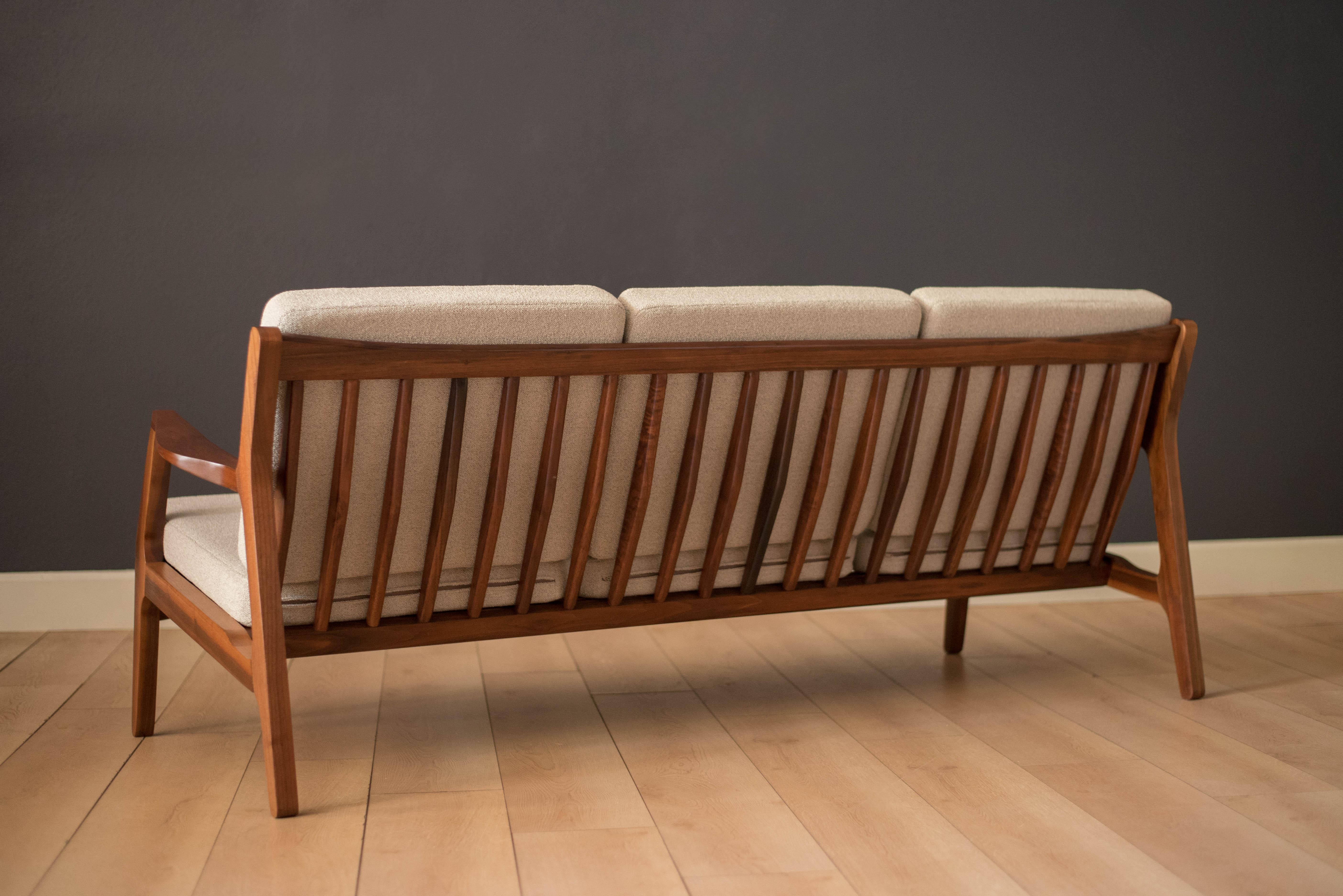 Bouclé Mid-Century Modern Three-Seat Walnut Frame Sofa