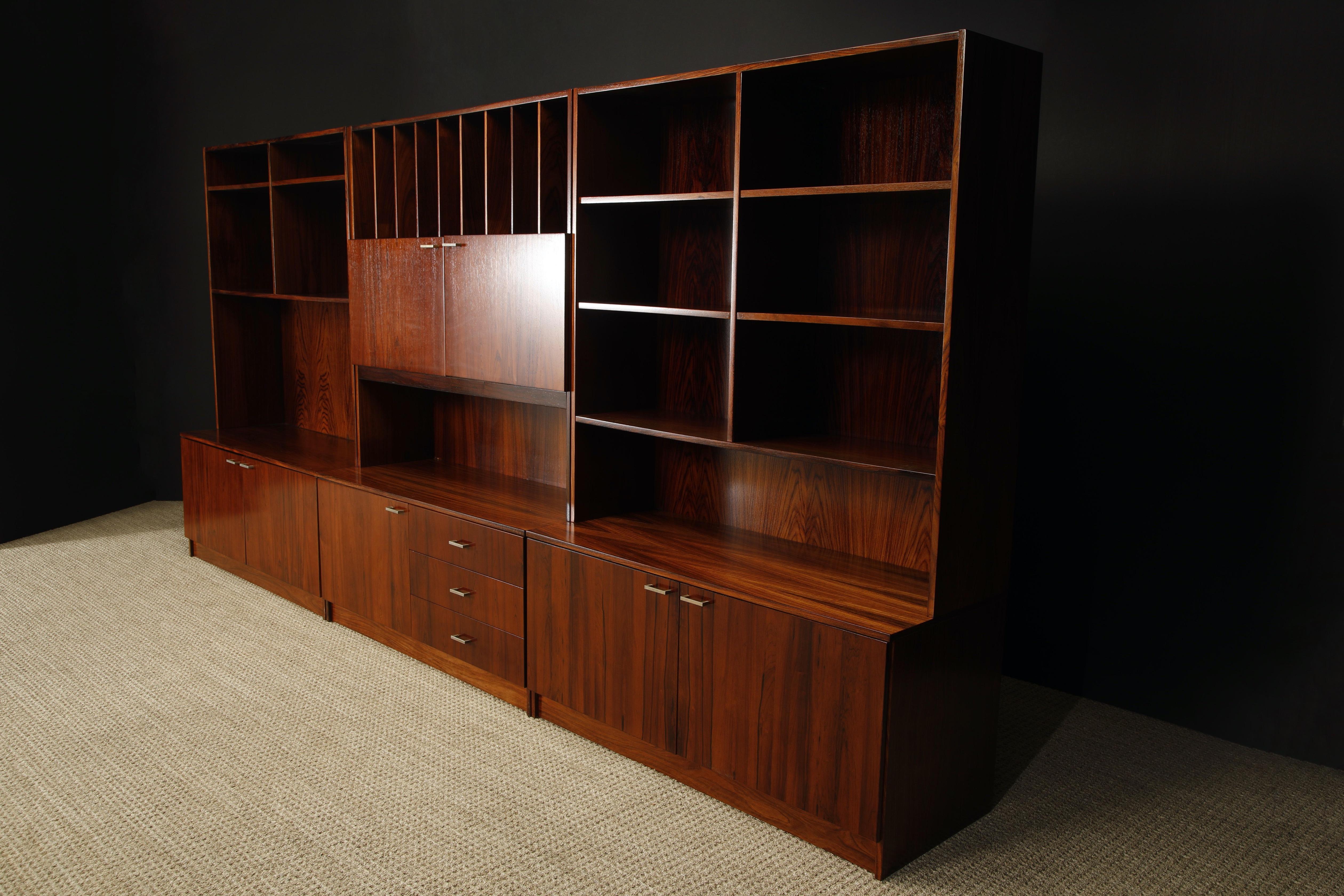 Late 20th Century Mid-Century Modern Three Section Exotic Rosewood Bookcase, circa 1970s