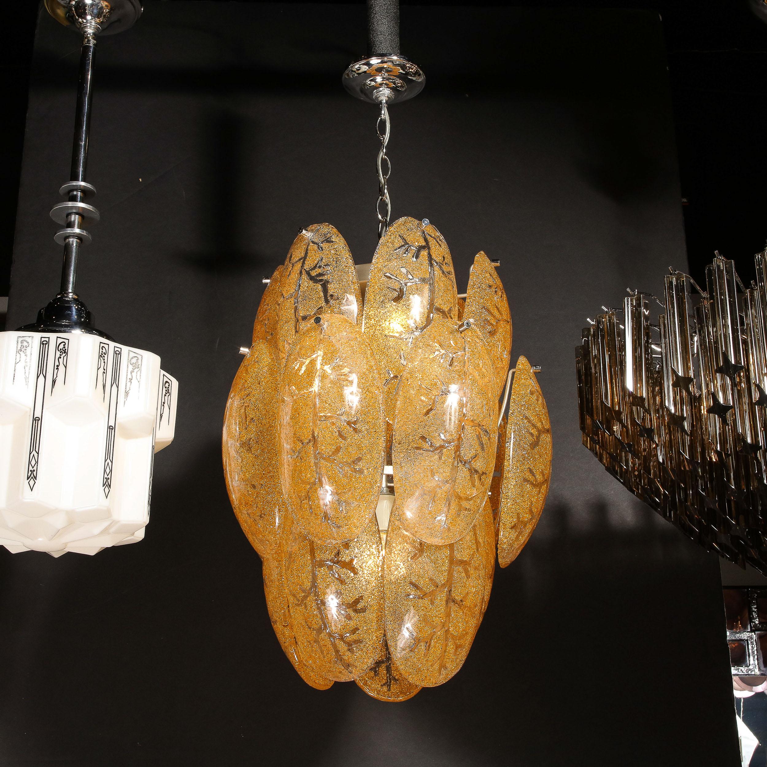 Mid-Century Modern Three-Tier Leaf Form Chandelier in Crushed Gold Murano Glass For Sale 7