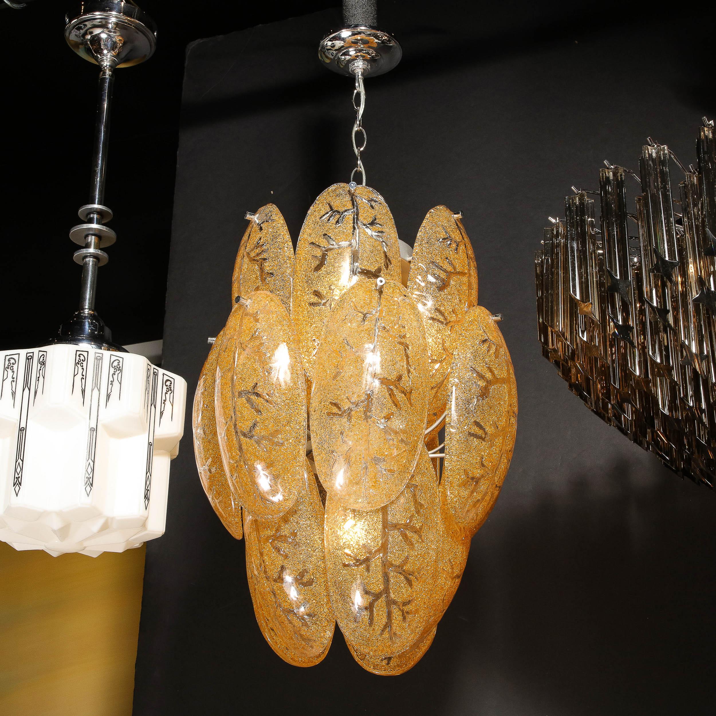 Mid-Century Modern Three-Tier Leaf Form Chandelier in Crushed Gold Murano Glass For Sale 10
