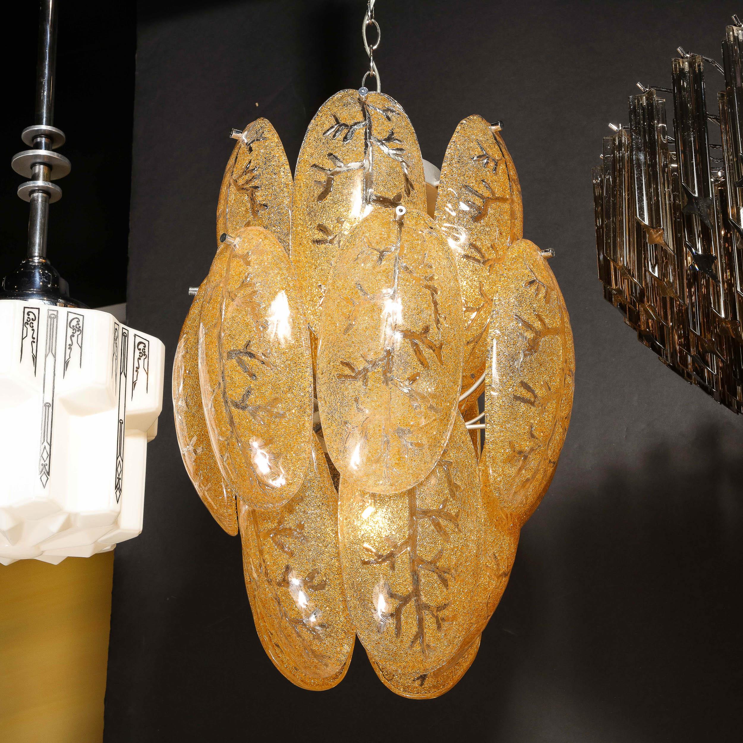 Mid-Century Modern Three-Tier Leaf Form Chandelier in Crushed Gold Murano Glass For Sale 11