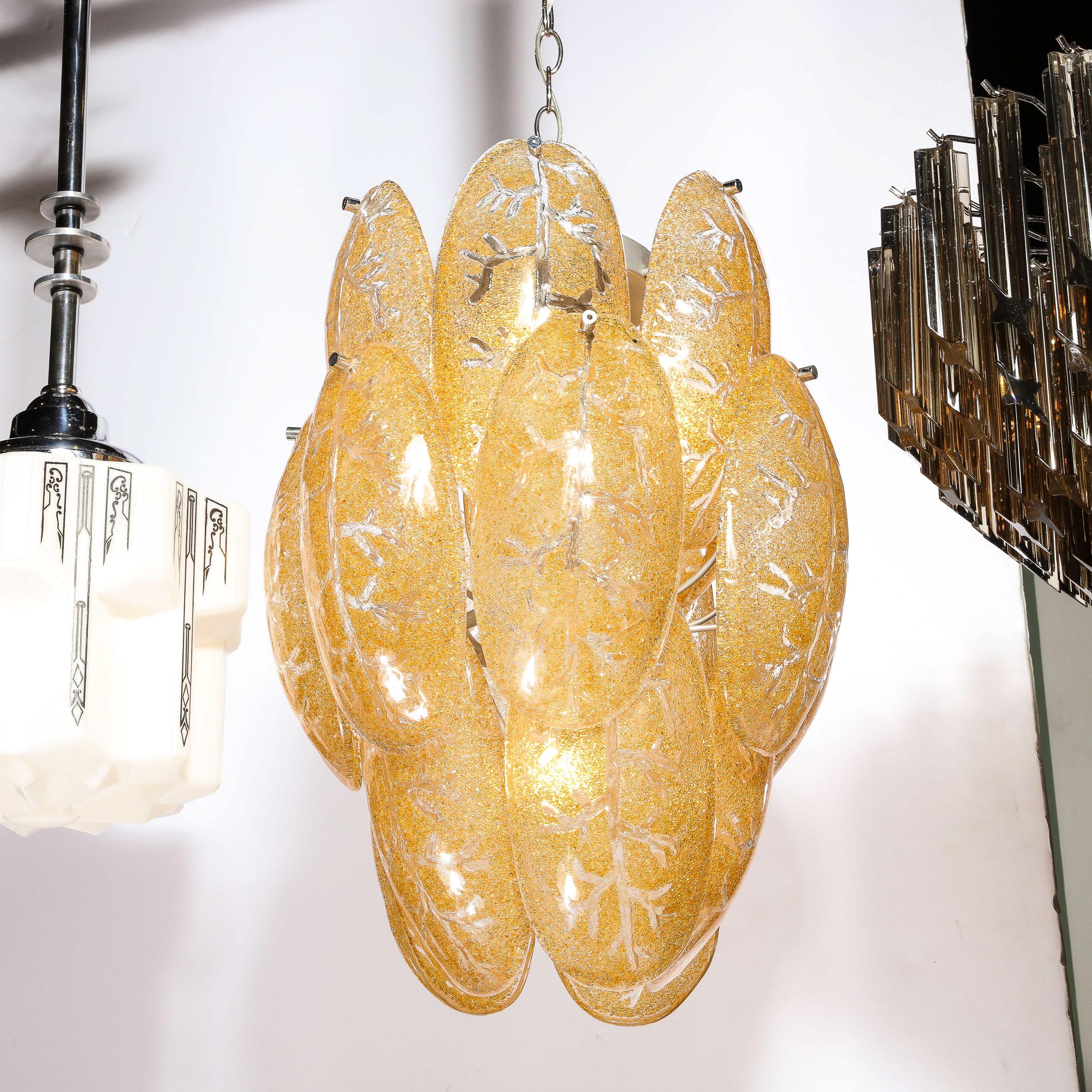 Italian Mid-Century Modern Three-Tier Leaf Form Chandelier in Crushed Gold Murano Glass For Sale