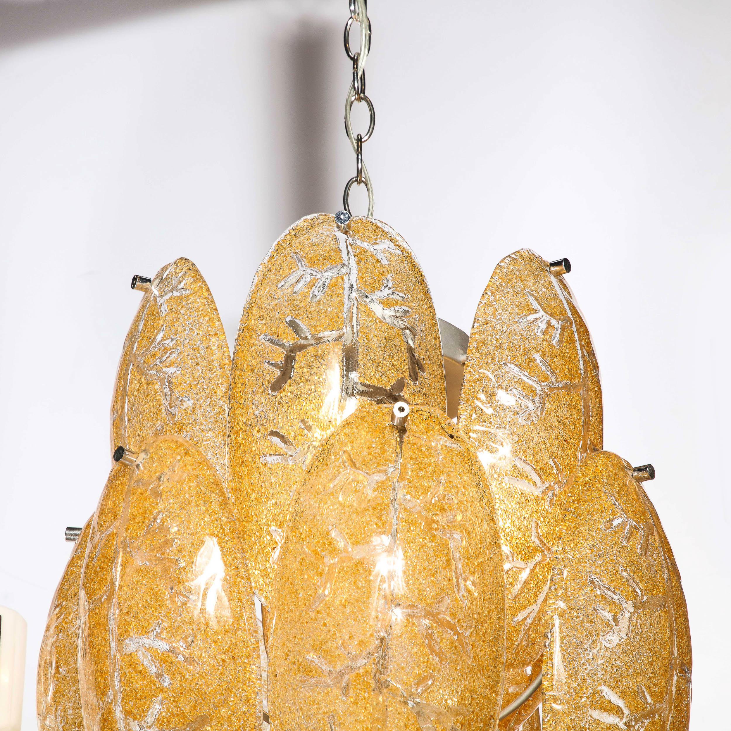 Mid-Century Modern Three-Tier Leaf Form Chandelier in Crushed Gold Murano Glass In Excellent Condition For Sale In New York, NY