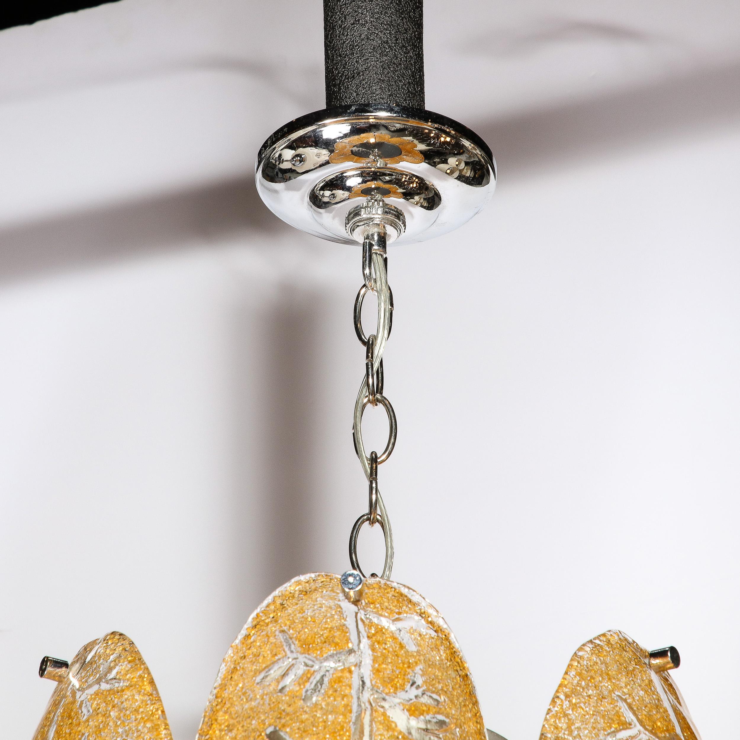 Late 20th Century Mid-Century Modern Three-Tier Leaf Form Chandelier in Crushed Gold Murano Glass For Sale
