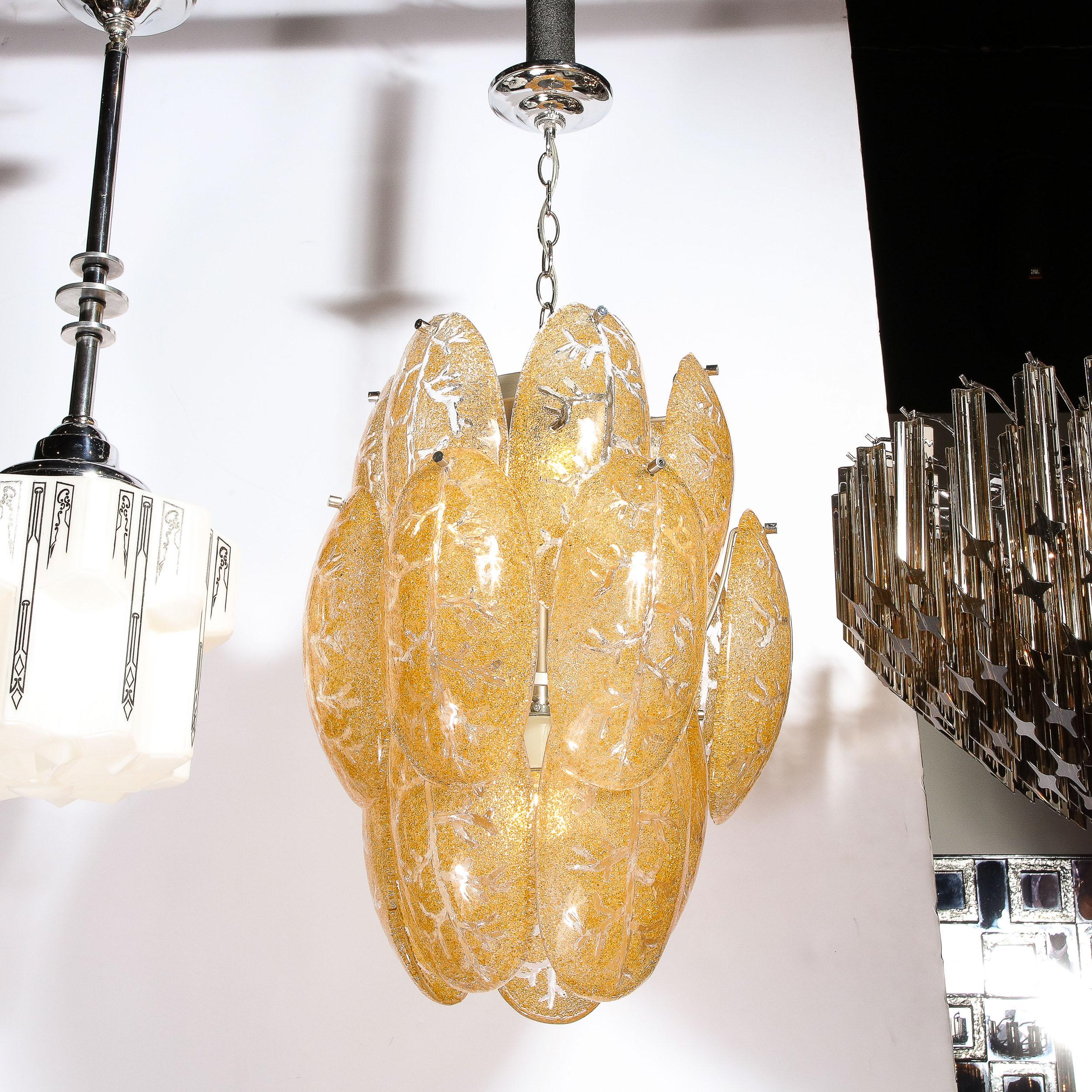 Mid-Century Modern Three-Tier Leaf Form Chandelier in Crushed Gold Murano Glass For Sale 2