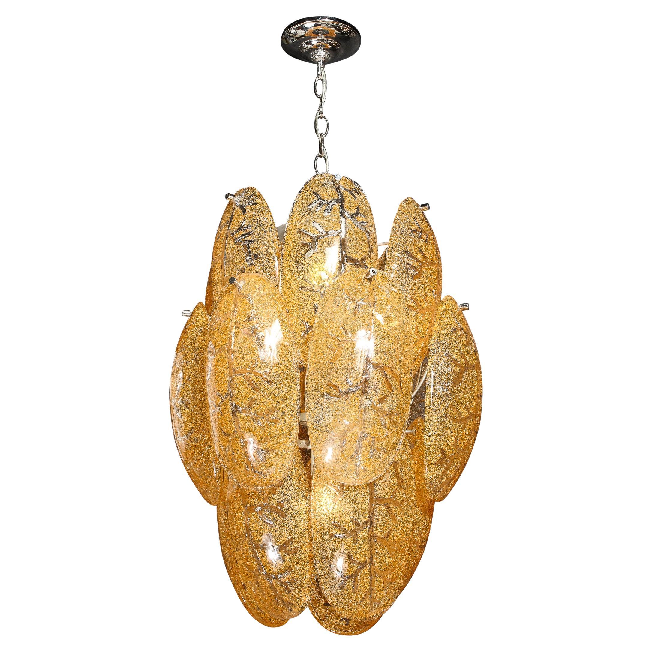 Mid-Century Modern Three-Tier Leaf Form Chandelier in Crushed Gold Murano Glass For Sale