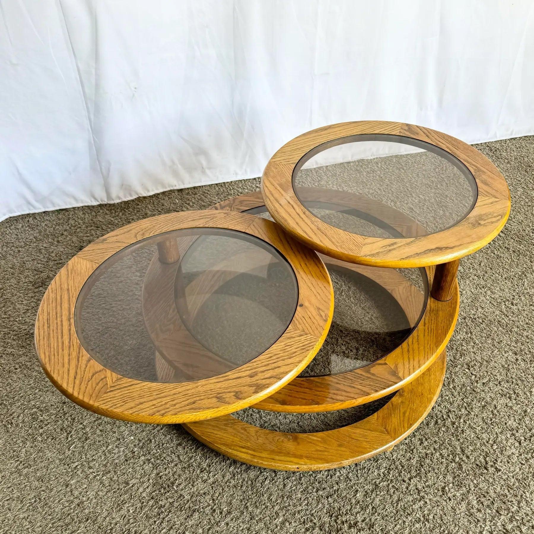 Mid Century Modern Three Tier Oak and Smoked Glass Swivel Coffee Table For Sale 5