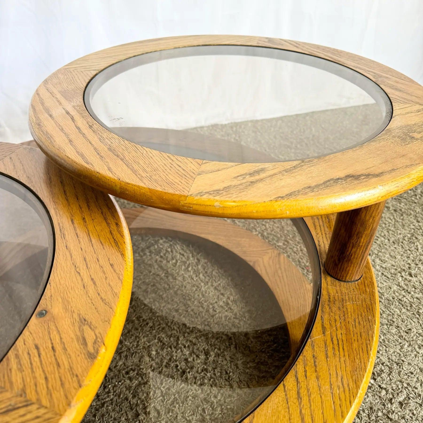 American Mid Century Modern Three Tier Oak and Smoked Glass Swivel Coffee Table For Sale
