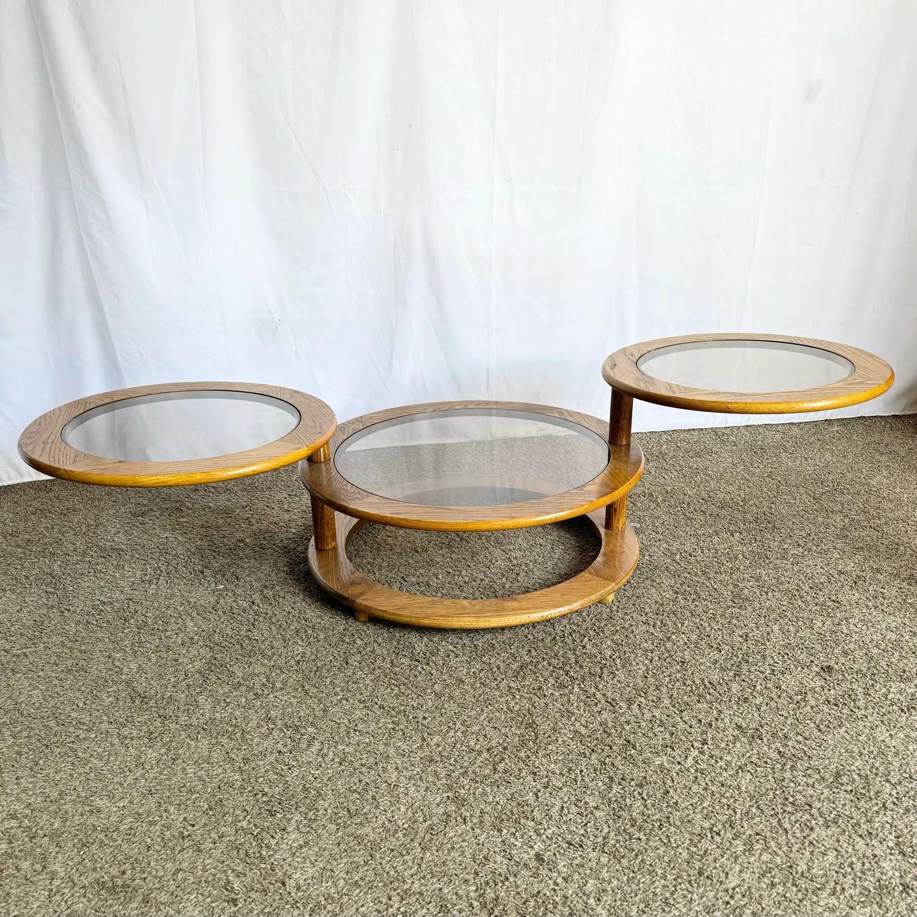Mid Century Modern Three Tier Oak and Smoked Glass Swivel Coffee Table For Sale 1