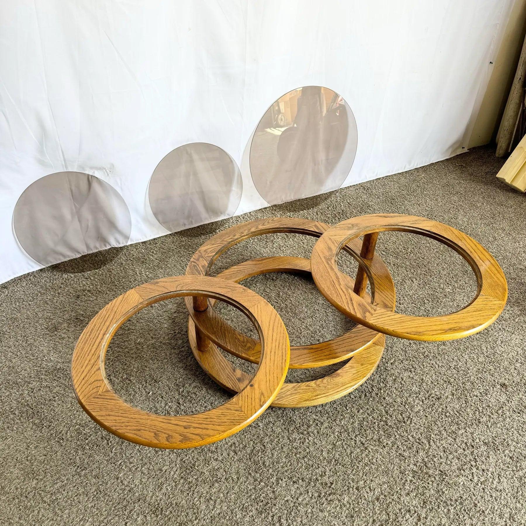 Mid Century Modern Three Tier Oak and Smoked Glass Swivel Coffee Table For Sale 2