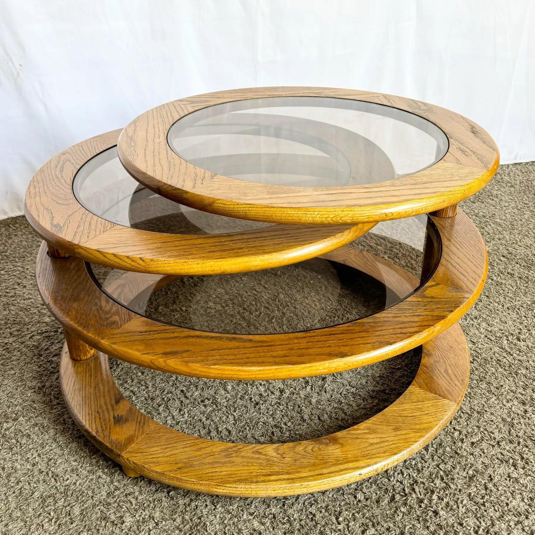 Mid Century Modern Three Tier Oak and Smoked Glass Swivel Coffee Table For Sale 4